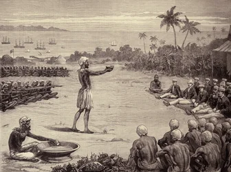 I Principi Marinai alle Isole Fiji: Incantesimo della Yangona, o Ciotola di Kava, da The Illustrated London News, 7 gennaio 1882